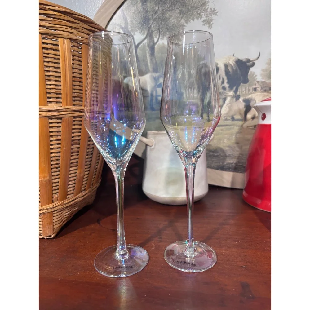 Iridescent Champagne Flutes Set of 2 Pearlescent Luster Glass Toasting Glasses